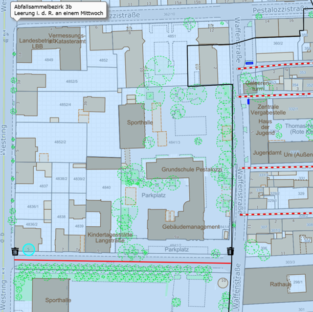 Die Karte zeigt die beiden Sammelstellen für die Abfallentsorgung während der Bauarbeiten in der Langstraße: an den Kreuzungen Langstraße/Westring und Langstraße/Waffenstraße | Foto: Grafik: EWL, gratis