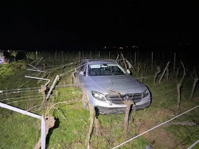 Ein beschädigter Pkw blieb in den Wingertzeilen bei Edenkoben zurück, der Fahrer flüchtete. Die Polizei ermittelt wegen Fahrerflucht und bittet Zeugen um Hinweise. | Foto: Polizeidirektion Landau