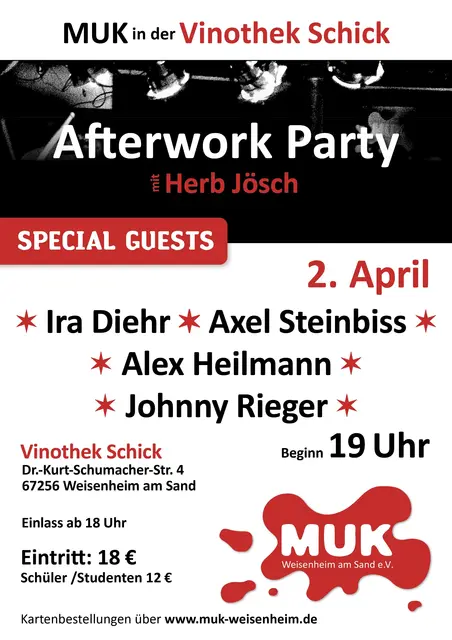 MUK Afterworkparty mit Ira Diehr, Axel Steinbiss, Johnny Rieger, Alex Heilmann &amp; Herb Jösch am 02.04.2026 in der Vinothek Schick | Foto: MUK Weisenheim am Sand e.V.