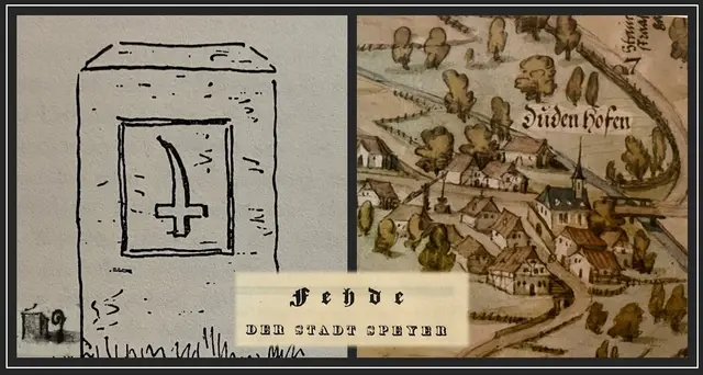 Collage zum "Speyerer Bauernkrieg" von 1716 und die Eroberung der Stadt durch Dudenhofen. 
Darstellungen aus: Flurplan Wilhelm Besserer (vermutlich 1572) und Gemarkungssteine ("Maulbronnstein" und Zeichnung Klotz "Fußäcker"), sowie Deckblatt Publikation J.M. König "Fehde der Stadt Speyer" aus 1830 | Foto: Repro: Clemens Keller (cke.)
