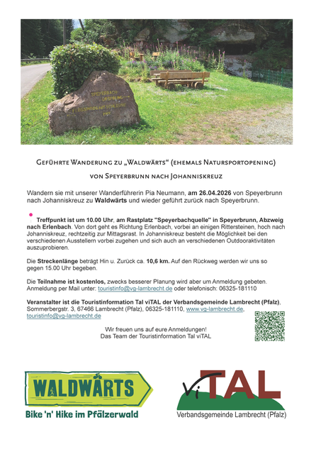 Plakat zur geführten Wanderung nach Johanniskreuz am 26.04.2026 | Foto: Touristinfo Tal viTAL, Verbandsgemeinde Lambrecht (Pfalz)