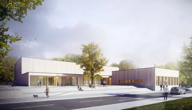 Auf dem Vorplatz zur neuen Zweifeldhalle in der Turnstraße soll ein Kunstwerk entstehen, das die Blicke auf sich zieht und zur Identität der Sportstätte beiträgt | Foto: Projektskizze: Stadt Pirmasens / Walter Huber Architekten