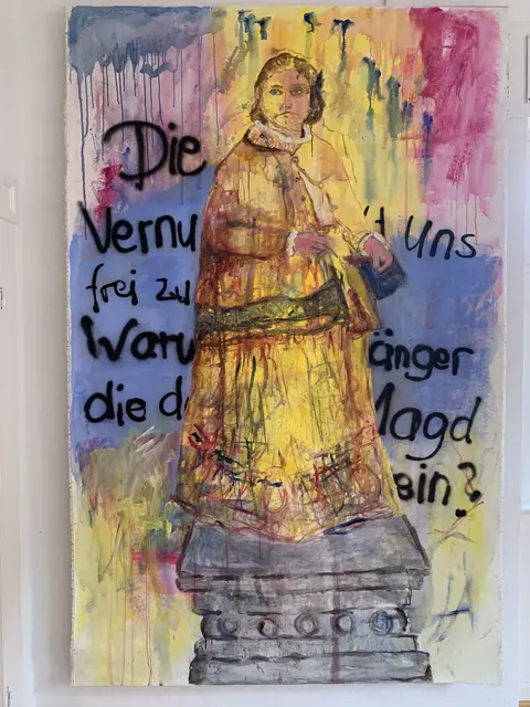Auch sie war eine Kämpferin für die Rechte der Frauen und steht im Mittelpunkt der aktuellen Ausstellung: Mathilde Franziska Anneke (Acryl auf Leinwand, Mathilde Franziska Anneke „Die Vernunft befiehlt uns, frei zu sein“, 2024, Diana Ecker)
 | Foto: Stadt Viernheim