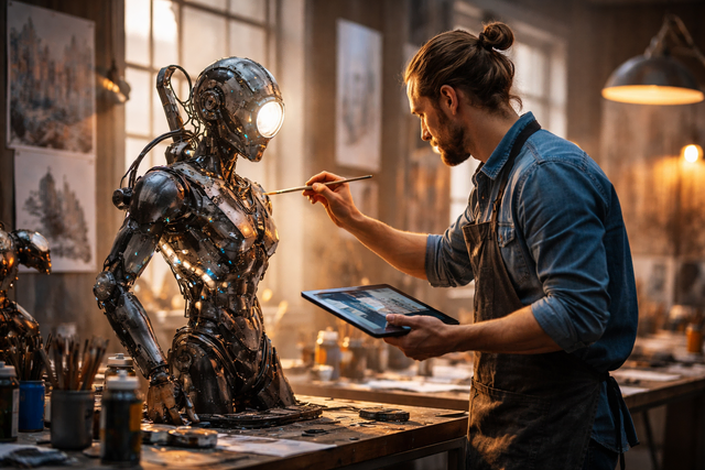 Künstler arbeitet an futuristischer Skulptur (Symbolfoto - erstellt mit KI) | Foto: Heike Schwitalla