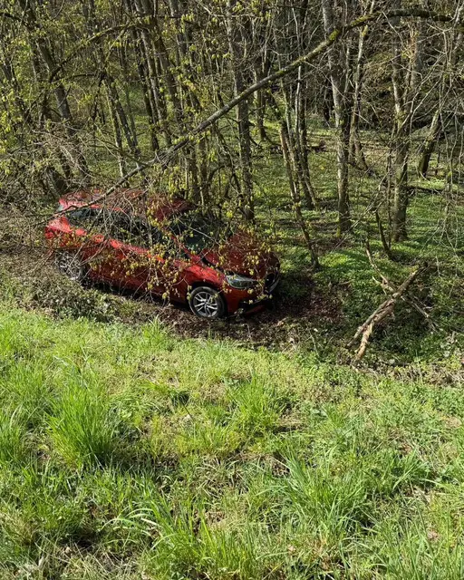 Auf der L369 zwischen Schwedelbach und Kollweiler kam ein BMW von der Straße ab und landete im Graben. Das Ehepaar im Auto blieb unverletzt, der Wagen erlitt Totalschaden. | Foto: Freiwillige Feuerwehr Weilerbach