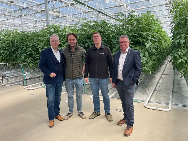 Landrat Rainer Guth besuchte mit Reiner Bauer das Agrarvision-Gewächshaus auf dem Schneebergerhof in Gerbach. Empfangen wurden sie von Andreas Blatt, wissenschaftlicher Leiter des Projekts, sowie Konstantin von Rheinbaben, Betriebsleiter der Anlage. | Foto: Kreisverwaltung Donnersbergkreis