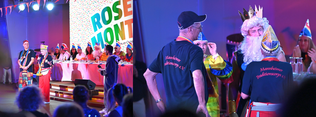 Rosenmontag auf AIDAdiva: Presseoffizierin Andrea und Adjudant Burkhard überreichen die MTC-Orden an Hoteldirektorin Sylvia Fürst-Furnier (li) und Kapitän Michael Schmid (als Neptun).
 | Foto: aida