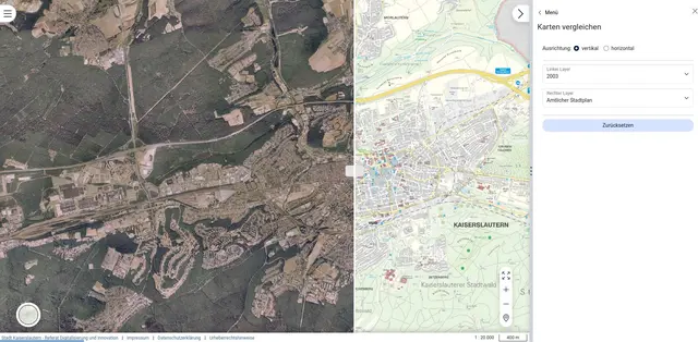 Im neuen Geoportal kann man zwei Ansichten übereinander legen und per Sliderfunktion frei verschieben. Der Screenshot zeigt das Luftbild von 2003 in Kombination mit dem aktuellen amtlichen Stadtplan.  | Foto: Stadt KL/gratis