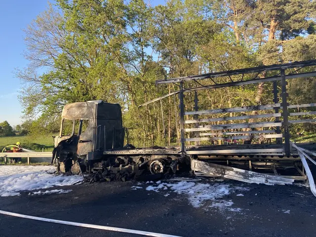 Ein Lastwagen ist auf der A61 nahe Schifferstadt vollständig ausgebrannt. Wegen dichter Rauchwolken wurde die Autobahn zeitweise in beide Richtungen gesperrt. | Foto: Polizeidirektion Neustadt/Weinstraße