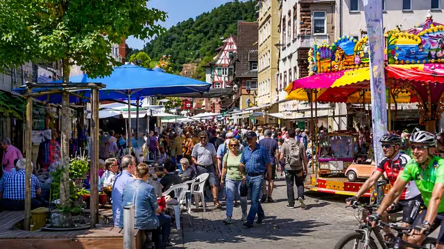 Maimarkt Dahn 2026 mit verkaufsoffenem Sonntag und Radfest Radeln grenzenlos – viele Besucher, Marktstände, Karussell und Radfahrer in der Innenstadt