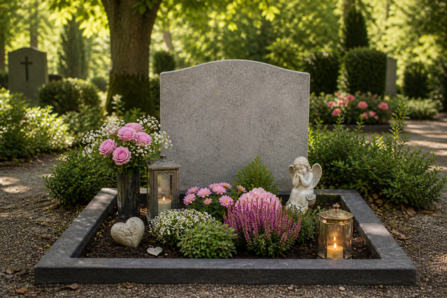 Grab mit schlichtem Grabstein, Blumen, Kerzen und Schmuck in gepflegter Friedhofsanlage im Querformat