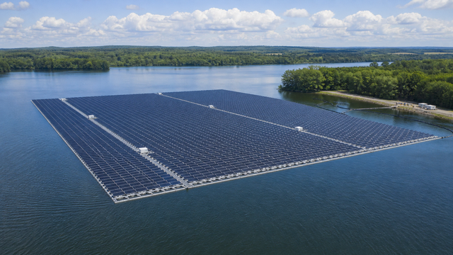 das Bild zeigt eine Solaranlage auf einem See