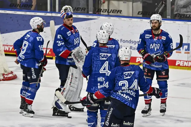 Torhüter Johan Mattsson (Zweiter von links), im Kreise der Adler-Spieler nach dem verlorenen fünften Finalspiel, verlässt die Adler ebenso wie sechs weitere Spieler. | Foto: Ruffler/PIX-Sportfotos