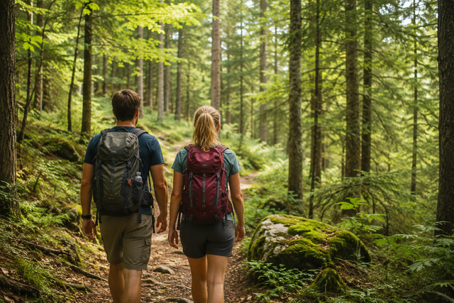 Das Bild zeigt zwei Wanderer im Wald