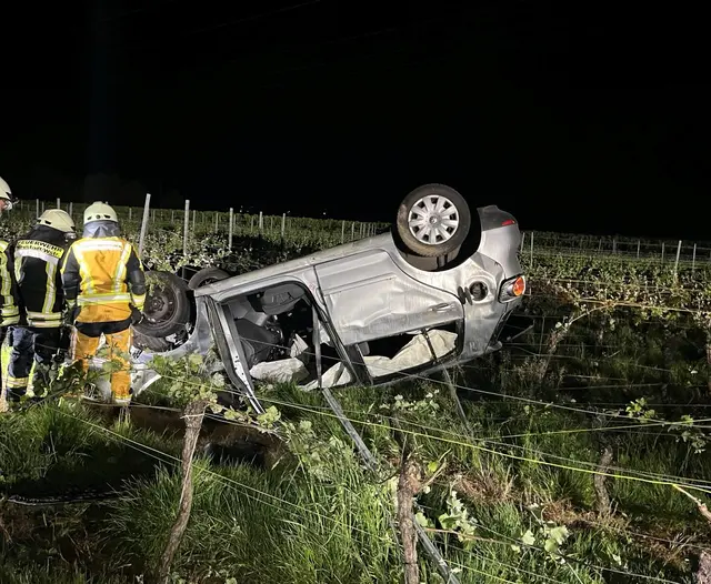 Auf der A65 bei Kirrweiler kam ein Auto von der Fahrbahn ab, überschlug sich und landete auf dem Dach in einem Weinberg. Zwei Insassen wurden laut Polizei Landau nur leicht verletzt. | Foto: Polizeidirektion Landau