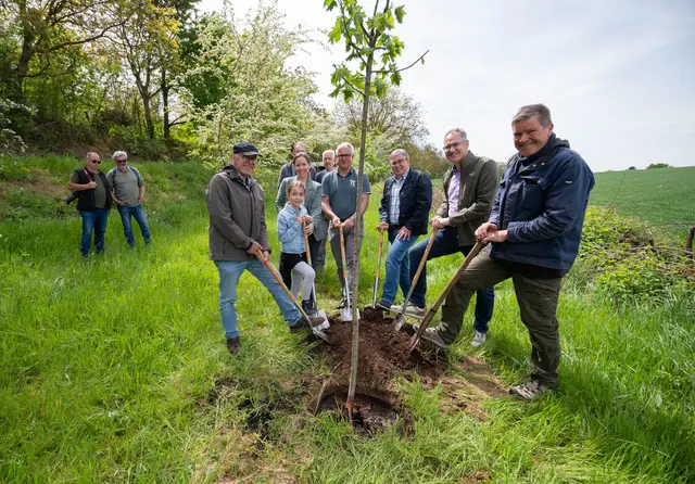 Gemeinsam eine Elsbeere gepflanzt: Dieter Zeiß, Vorstand NVS NaturStiftung Südpfalz, Indra Grünenwald mit Tochter, Leiterin Grundschule Insheim, dahinter Georg Kern, Erster Kreisbeigeordneter, Christian Sommer, Bürgermeister Verbandsgemeinde Herxheim, Dieter Kost, Erster Beigordneter Ortsgemeinderat Insheim, Landrat Dietmar Seefeldt und Kurt Garrecht, Erster Vorsitzender NaturschutzVerband Südpfalz e.V. | Foto: NVS