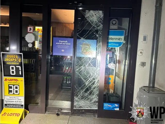 Unbekannte versuchten in der Nacht in eine Tankstelle einzubrechen. Die stabile Eingangstür hielt stand – dennoch entstand ein Schaden im hohen vierstelligen Bereich. | Foto: Polizeiinspektion Kusel und Polizeiwache Schönenberg-Kübelberg