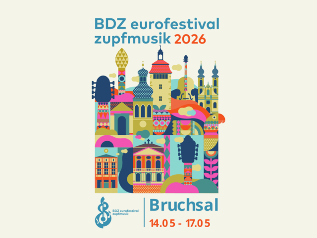 Bunter Bild einer Stadt mit Köpfen von Zupfinstrumenten