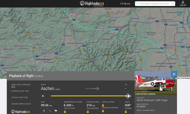 Flightradar weist aus, dass die T28 Trojan mit relativ konstanter Geschwindigkeit bis Mutterstadt flog und sie dort um 20 kmh drosselte. Über Limburgerhof sank der Flieger fast um 1000 Meter, bevor die Datenübertragung abbricht. | Foto: Julia Glöckner/Flightradar Screenshot
