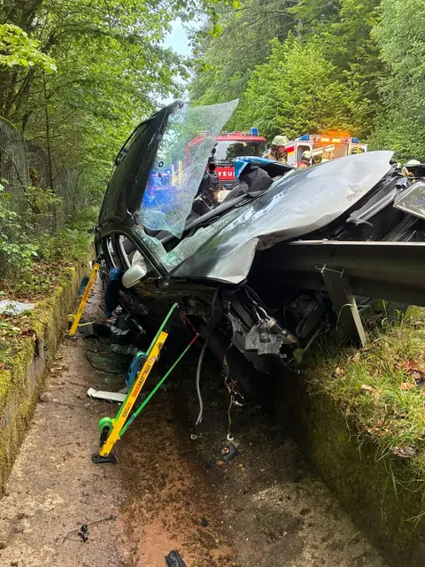 Durch die Wucht des Aufpralls bohrte sich die Leitplanke der Länge nach durch den Wagen. Das Fahrzeug rutschte anschließend in einen Straßengraben und blieb dort stehen. | Foto: Feuerwehr Kaiserslautern