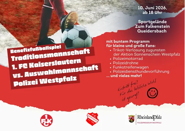 Beim Benefizspiel in Queidersbach tritt die Traditionsmannschaft des 1. FC Kaiserslautern gegen eine Polizei-Auswahl an. Der Fußballabend unterstützt die „Aktion Sonnenschein Westpfalz“ und bietet zusätzlich ein Rahmenprogramm mit Polizei-Vorführungen. | Foto: Polizeipräsidium Westpfalz