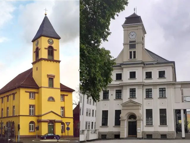 Ludwigskirche Langensteinbach (Architekt war Weinbrenner)/Straßenbahndepot Ludwigshafen, Verwaltungsgebäude | Foto: Foto: S. Finner /https://de.wikipedia.org/wiki/Ludwigskirche_%28Langensteinbach%29Depot(Julia Glöckner)