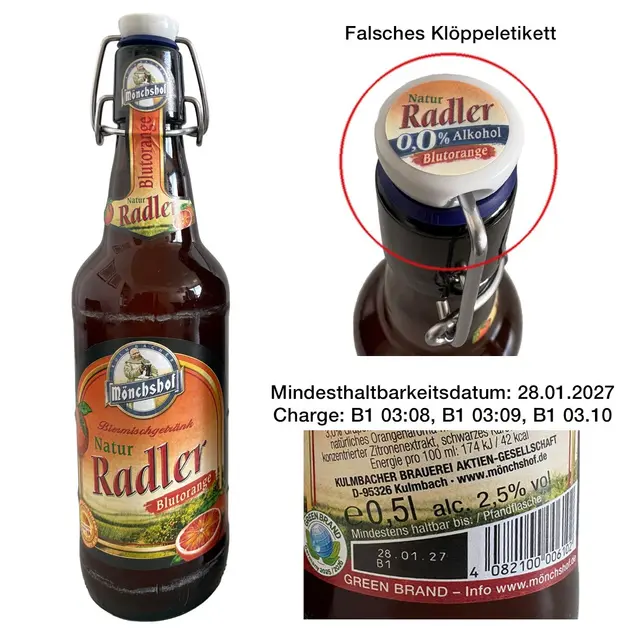 Radler-Flaschen: Falsches 0,0%-Etikett kann Alkoholgehalt verschleiern. | Foto: © Kulmbacher Brauerei AG