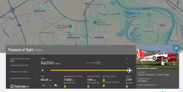 GPS-Daten zeigen Fluggeschwindigkeit und Höhe der T28A über die gesamte Flugstrecke an | Foto: Screenshot Flightradar24/Julia Glöckner
