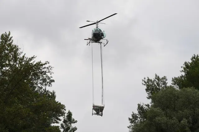 Von einem Helikopter aus verteilt die Kabs den Wirkstoff Bti gegen Larven. (Archivbild) | Foto: Uli Deck/dpa