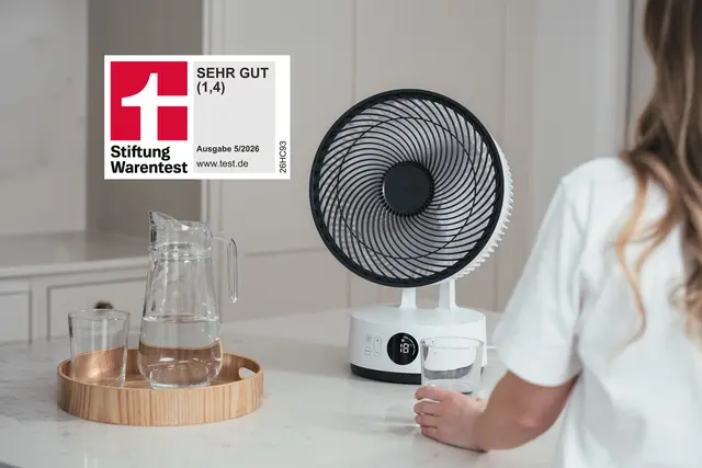 MeacoFan Sefte 10 Tischventilator: Stiftung Warentest „Sehr gut (1,4)“ im Ventilatoren-Test 06/2026. | Foto: Meaco, Foto: Meaco