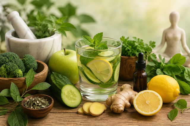 Frische Lebensmittel, Kräuter und naturheilkundliche Anwendungen stehen häufig im Mittelpunkt von Konzepten zur Förderung von Gesundheit und Wohlbefinden | Foto: Symbolfoto erstellt mit KI