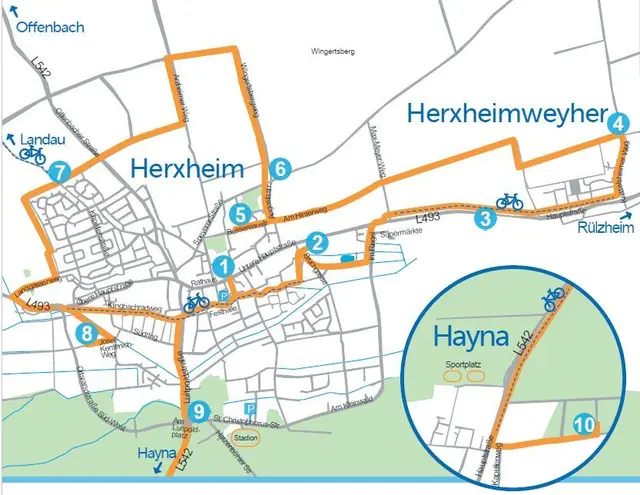 ne Karte zeigt die Standorte der Kapellen in Herxheim und mögliche Wege für Rundgang oder Fahrradtour