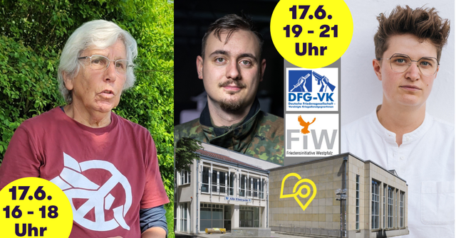 Friedensaktivistin Susan Crane ist am 17. Juni von 16 bis 18 Uhr in der Unionskirche mit dabei, von 19 bis 21 diskutieren nebenan im Großen Saal der Alten Eintracht Hauptmann Marco May, Jugendoffizier der Bundeswehr, Anna-Nicole Heinrich, Präses der Synode der Evangelischen Kirche in Deutschland (EKD), sowie – ohne Foto - Dr. Klaus Wirtgen von der Friedensinitiative Westpfalz (FiW) zum Thema „Zurück zur Wehrpflicht?“ | Foto: Fotonachweise Susan Crane: Christiane Danowski, Hauptmann Marco May: Gelber Merkur Kastellaun, Präses Anna-Nicole Heinrich: Foto: Michael McKee)