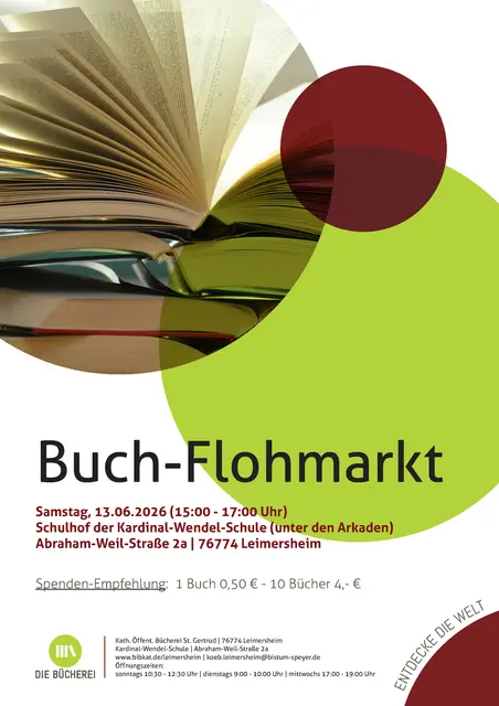 Buch-Flohmarkt am Samstag, 13.06.2026 (15:00 - 17:00 Uhr) Schulhof der Kardinal-Wendel-Schule (Abraham-Weil-Straße 2a) in 76774 Leimersheim