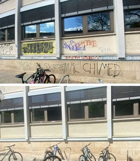 Ein Teil der Gebäudefassade einmal mit Graffiti (oben) und einmal ohne (unten) | Foto: Stadtbildpflege Kaiserslautern