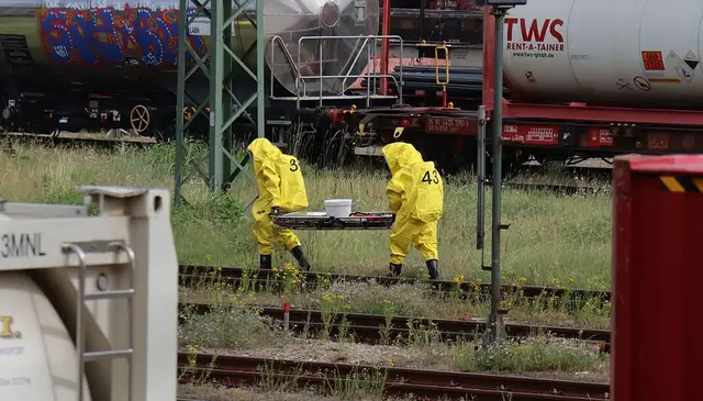 Aus einem Kesselwagen trat Salzsäure aus. Der Bahnhof wurde für den Einsatz vorübergehend gesperrt. Nach Angaben der Feuerwehr wurde der Austritt im Bereich des sogenannten Domdeckels am Kesselwagen entdeckt. | Foto: Rene Priebe/dpa