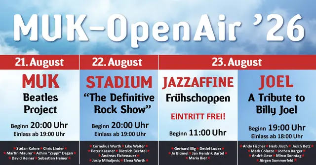 MUK-OpenAir '26 mit STADIUM - The Definitive Rock Show mit Cornelius Wurth, Eike Walter, Peter Kassner, Dietrich Bechtel, Andreas Eichenauer, Josip Mihaljevic &amp; Elena Wurth - am 22.08.2026 im Weingut Langenwalter  | Foto: MUK Weisenheim am Sand e.V.