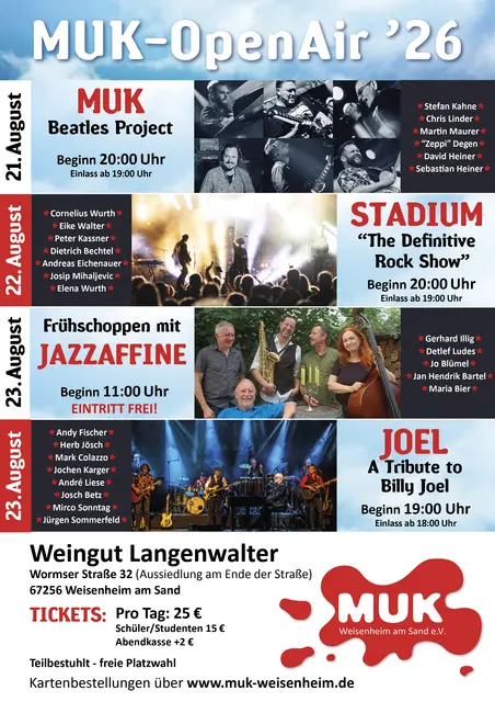 MUK-OpenAir '26 mit JAZZAFFINE - Gerhard Illig, Detlef Ludes, Jo Blümel, Jan Hendrik Bartel &amp; Maria Bier am 23.08. zum Frühschoppen im Weingut Langenwalter | Foto: MUK Weisenheim am Sand e.V.