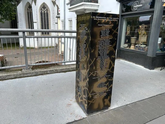Unbekannte haben in Bad Kreuznach eine Gedenkstele auf der Nahebrücke mit Farbe beschmiert. Die Polizei ermittelt wegen Sachbeschädigung und bittet um Hinweise zu dem Vorfall an dem Denkmal für deportierte und ermordete jüdische Einwohner. | Foto: Polizeidirektion Bad Kreuznach