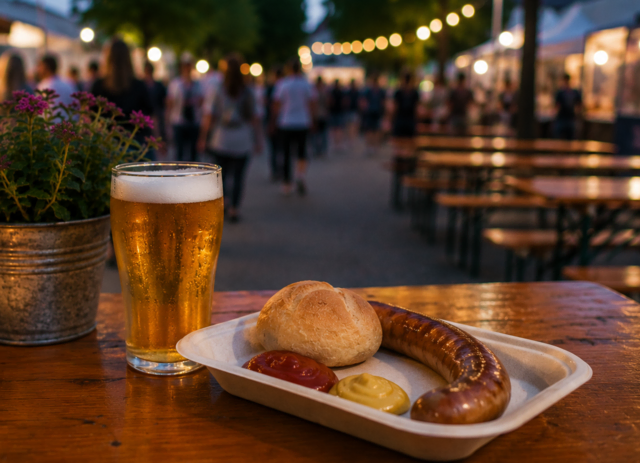 eine Bratwurst frisch vom Grill und ein kühles Bier gehen beim Straßenfest eigentlich immer  | Foto: Heike Schwitalla (bearbeitet mit KI)