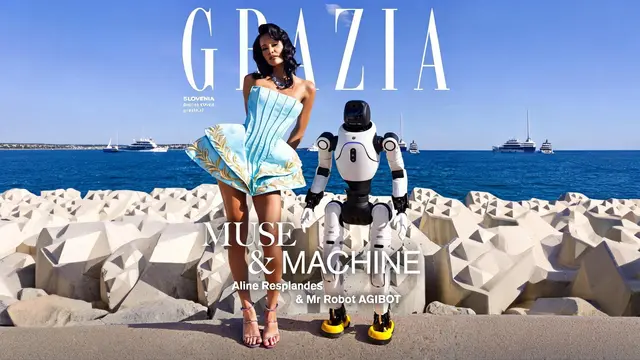 AGIBOT X2: Der humanoide Roboter begleitet ein Cover-Shooting in Cannes und zeigt, wie physische KI im redaktionellen Umfeld eingesetzt werden kann. | Foto: AGIBOT