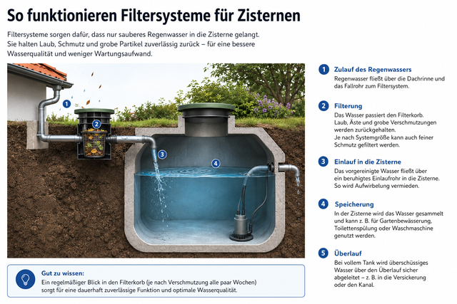 Regenwasser sammeln: So funktioniert ein zugängliches Filter, allerdings sollte der Zulauf besser tief liegen. Über die Pumpe lässt sich das Wasser in Tonnen im Garten pumpen oder abpumpen, wenn die Zisterne zu voll wird.  | Foto: Julia Glöckner