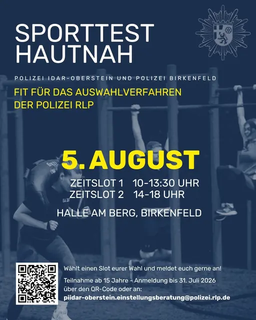 Beim Aktionstag in Birkenfeld können Interessierte den Sporttest der Polizei Rheinland-Pfalz kennenlernen und selbst ausprobieren. Die Polizeiinspektionen Idar-Oberstein und Birkenfeld geben dabei einen praxisnahen Einblick ins Auswahlverfahren. | Foto: Polizeidirektion Trier