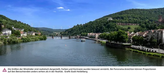 Visualisierung: So könnten Windräder am Lammerskopf von der Alten Brücke aus zu
sehen sein. Hinweis: Die Größen der Windräder sind realistisch dargestellt,
Farben und Kontraste wurden bewusst verstärkt. Bei Panorama-Ansichten können
Proportionen auf den Betrachtenden anders wirken als in der Realität. (Grafik:
Stadt Heidelberg) | Foto: Stadt Heidelberg