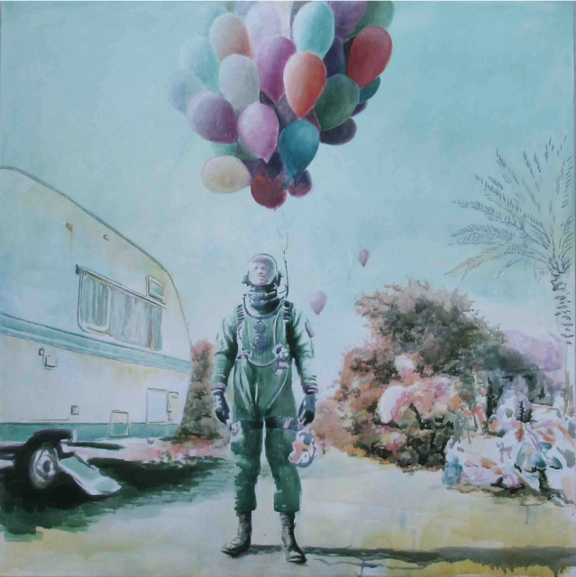 Lars Eckert: Optimist, 2025, Tusche und Farbstift auf Nessel, 120 x 120 cm