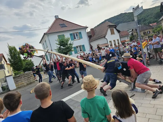 Die Löschgruppe Königsbach stellt den Kerwebaum. | Foto: Eva Bender