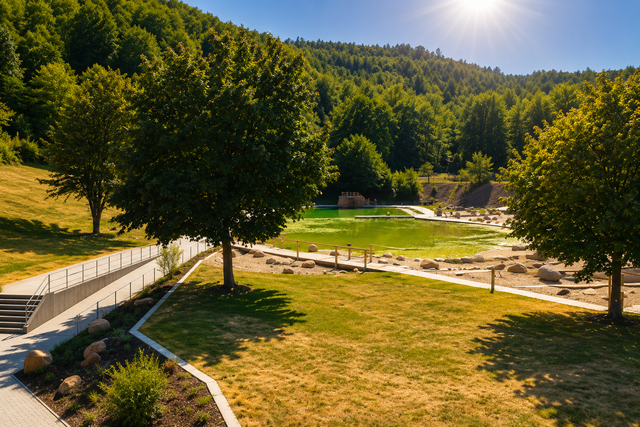 Gluthitze statt Badevergnügen: Das Naturerlebnisbad Landstuhl bleibt am Freitag wegen zu hoher Wassertemperaturen geschlossen. | Foto: Verbandsgemeinde Landstuhl mit KI bearbeitet