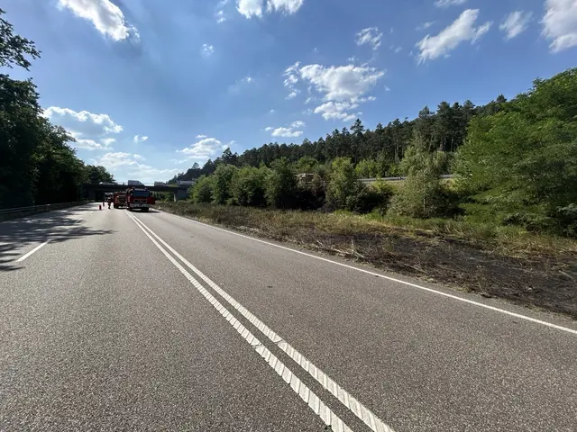 Ein geplatzter Lkw-Reifen hat auf der B10 bei Hauenstein einen Brand am Seitenstreifen ausgelöst. Feuerwehr und Polizei waren im Einsatz, die Fahrbahn Richtung Pirmasens war vorübergehend gesperrt. | Foto: Polizeiinspektion Dahn