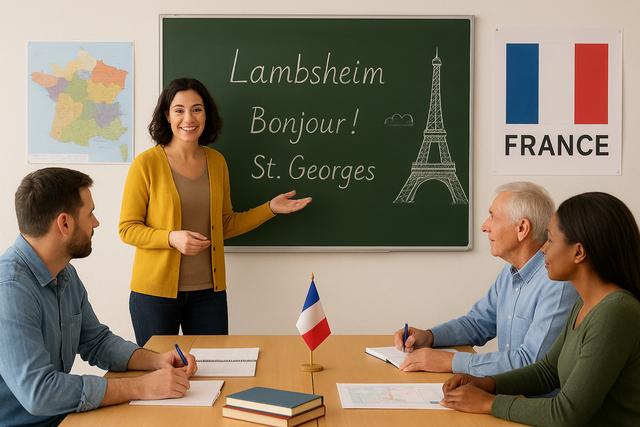 Französisch lernende Menschen mit Lehrerin