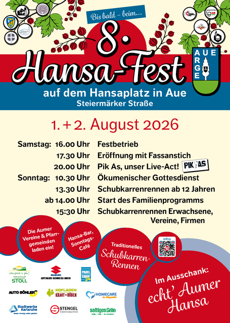 Ankündigung des 8. Hansa-Fests am 1. und 2. August 2026 auf dem Hansaplatz in Durlach-Aue, mit Hinweis auf den freien Eintritt – Hansa-Fest Karlsruhe August 2026